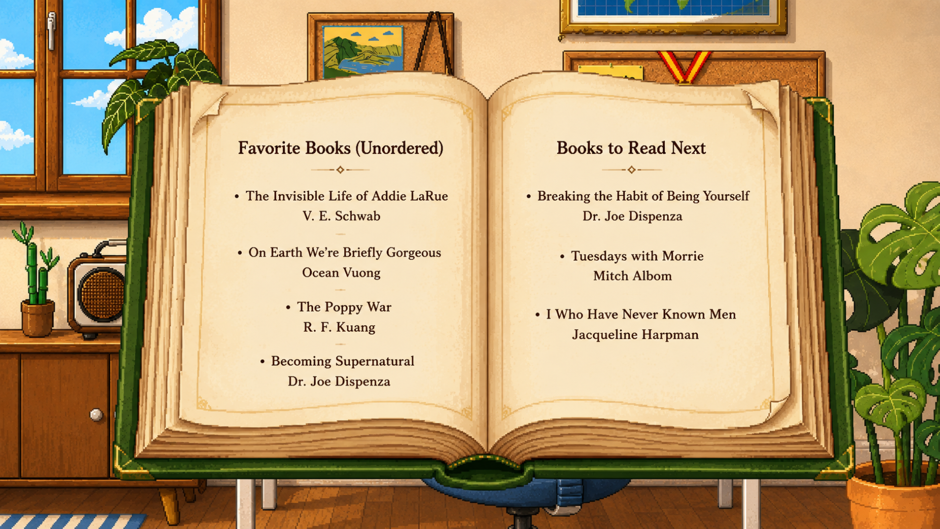A small reading journal listing favorite books and what to read next.