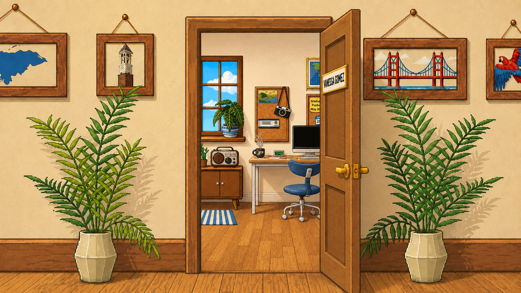The door is open, revealing a bedroom with a desk.
