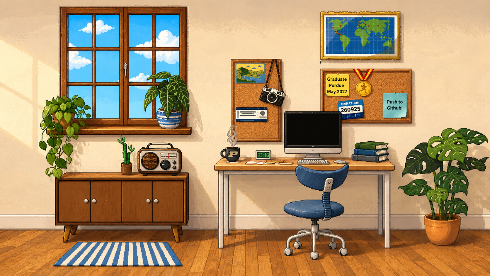 A bedroom with a desk, chair, and computer.