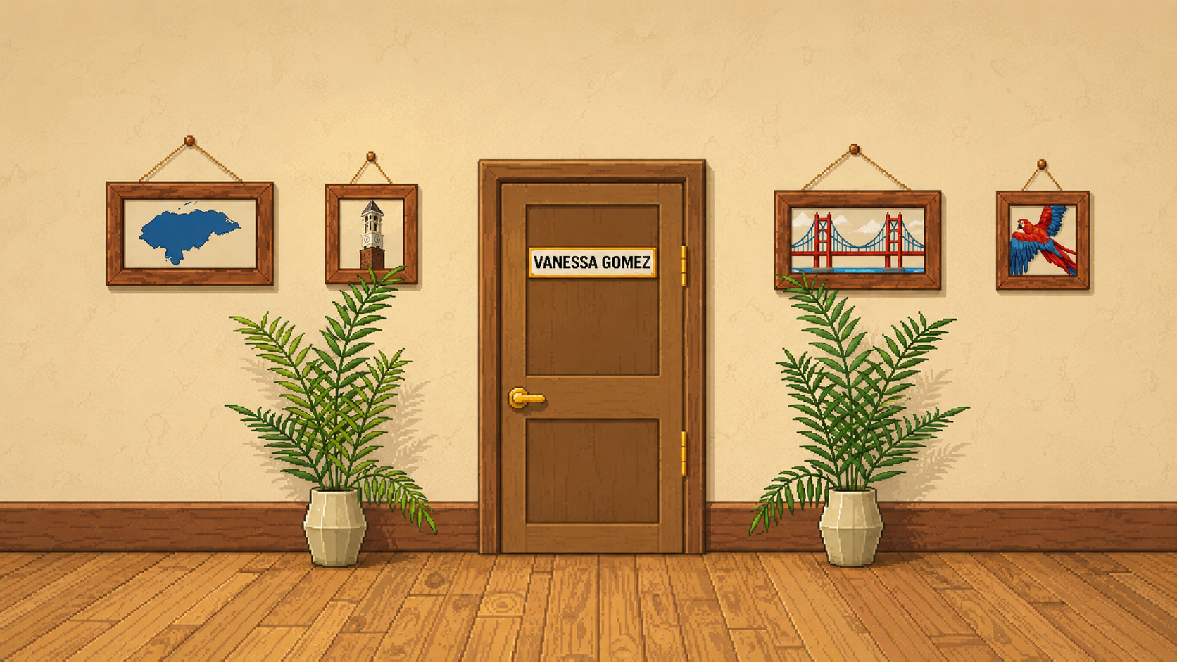 A hallway with a closed door labeled Vanessa Gomez.